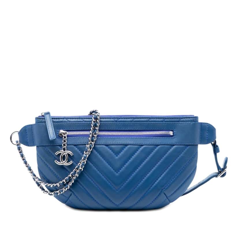 Chanel CC Chevron Lambskin Top Zip Belt Bag Blue Leather Very good condition - Front View