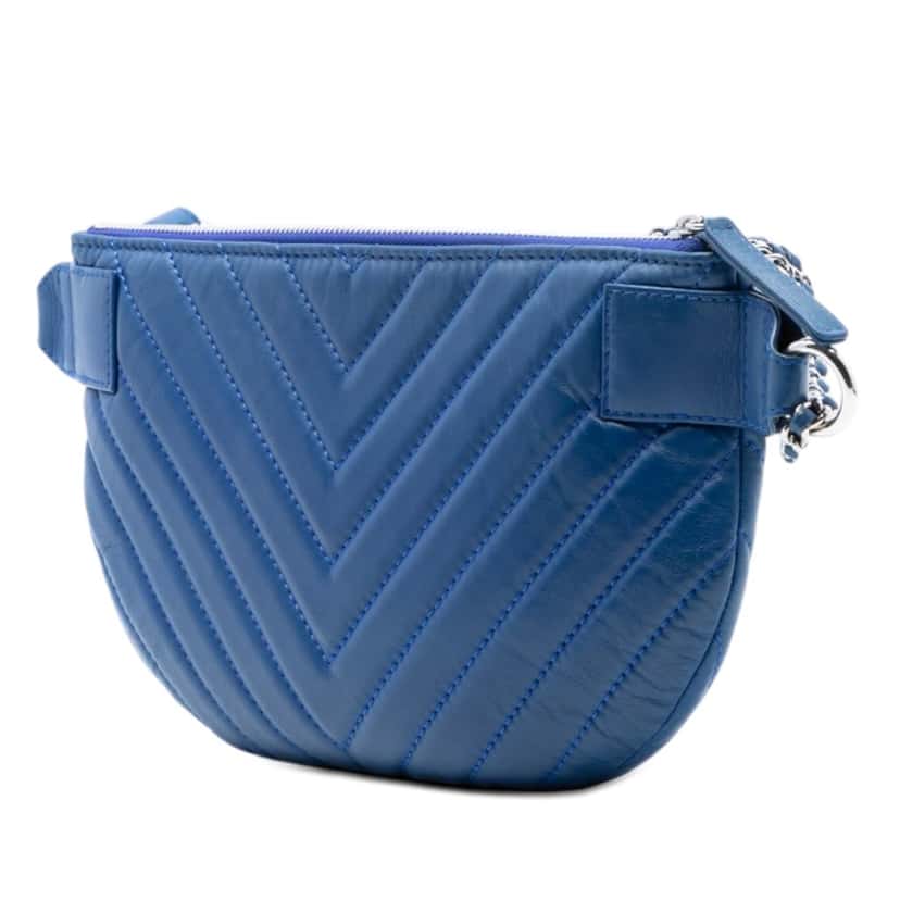 Chanel CC Chevron Lambskin Top Zip Belt Bag Blue Leather Very good condition - Back View