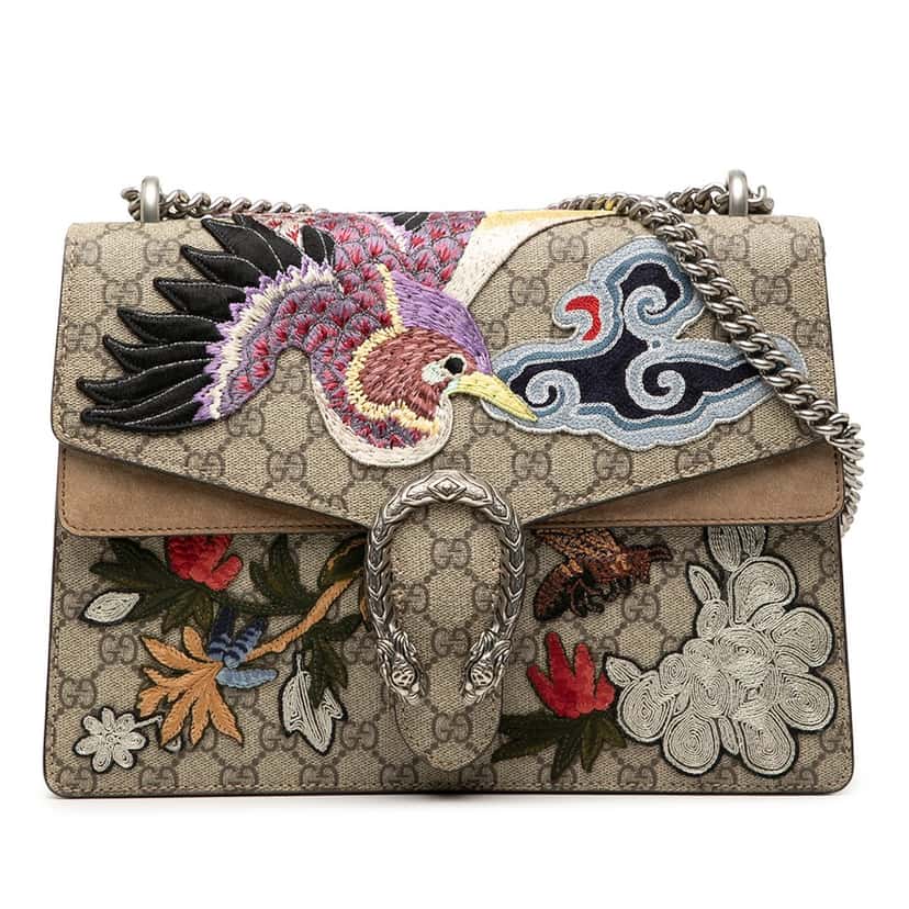 Gucci Medium GG Supreme Bird and Flowers Embroidered Dionysus Shoulder Bag Beige Very good condition - Front View