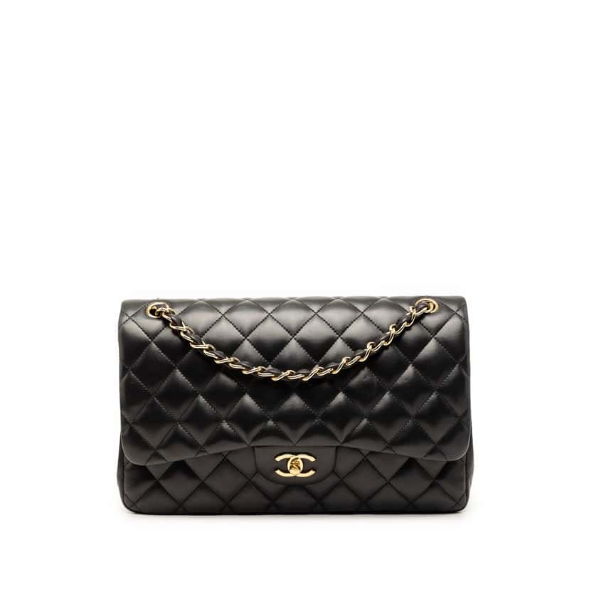 Chanel Jumbo Classic Lambskin Double Flap Black Leather Very good condition - Front View