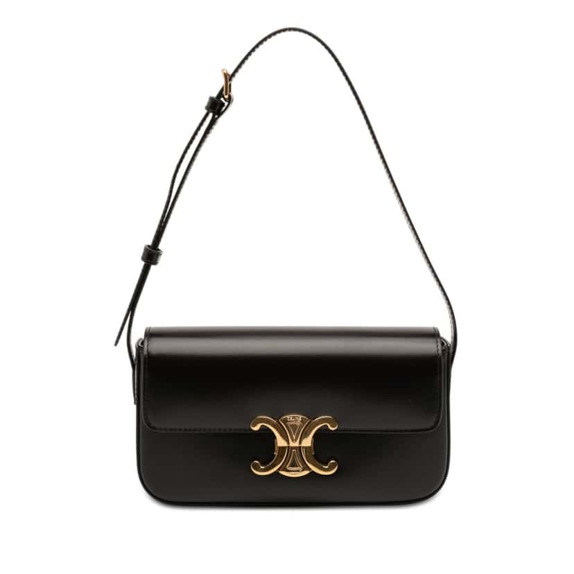 Celine Shiny Calfskin Triomphe Claude Shoulder Bag Black Leather Very good condition - Front View