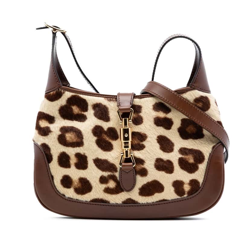 Gucci HA HA HA Small Pony Hair and Leather Leopard Print Jackie 1961 Crossbody Beige Very good condition - Front View