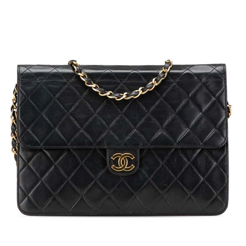 Chanel CC Quilted Lambskin Single Flap Black Leather Very good condition - Front View