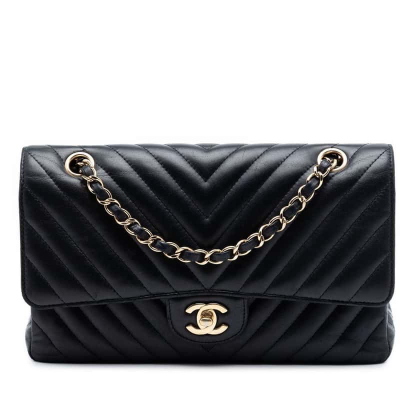 Chanel Medium Classic Chevron Lambskin Double Flap Black Leather Very good condition - Front View