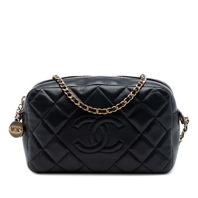 Chanel CC Quilted Lambskin Diamond Camera Bag Black Leather Very good condition - Front View
