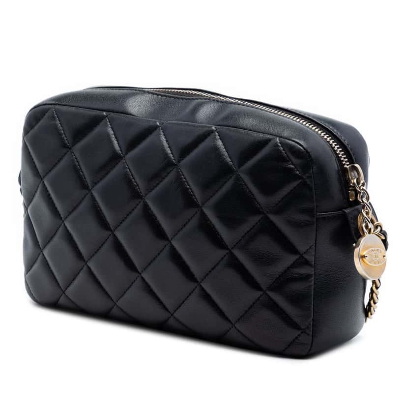 Chanel CC Quilted Lambskin Diamond Camera Bag Black Leather Very good condition - Back View
