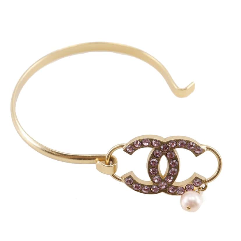 Chanel CC Gold Plated Rhinestone and Faux Pearl Bangle Gold Metal Very good condition - Front View