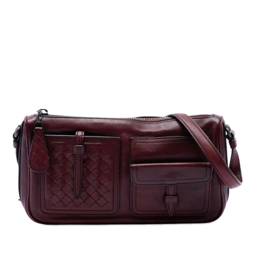 Bottega Veneta Intrecciato Trimmed Multi Pocket Leather Shoulder Bag Red Leather Very good condition - Front View