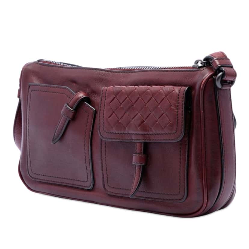Bottega Veneta Intrecciato Trimmed Multi Pocket Leather Shoulder Bag Red Leather Very good condition - Back View