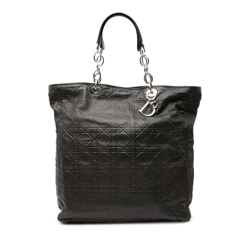 Dior Large Lambskin Cannage Lady Dior Soft Shopping Tote Black Leather Very good condition - Front View