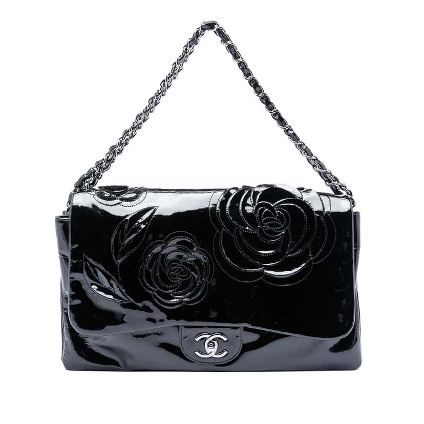 Chanel Patent Camellia Flap Bag Black Leather Very good condition - Front View