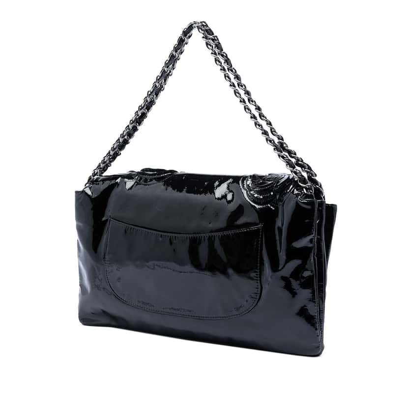 Chanel Patent Camellia Flap Bag Black Leather Very good condition - Back View