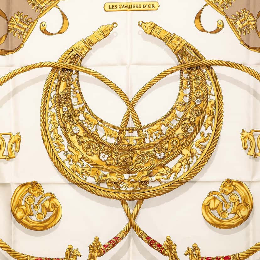 Hermès Les Cavaliers d Or Silk Scarf 90 White Very good condition - Back View