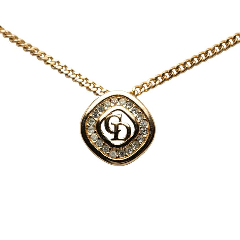Dior Gold Plated Crystal CD Diamond Pendant Necklace Gold Metal Very good condition - Front View