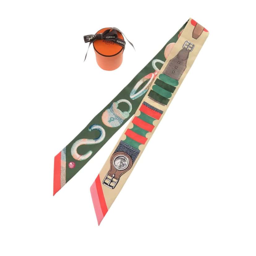 Hermès Inventaire Poetique de Brides a Bloc Silk Twilly Scarf Green Very good condition - Inside View