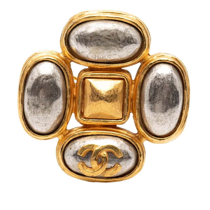Chanel CC Gold Plated Gripoix Clover Brooch Gold Metal Very good condition - Front View