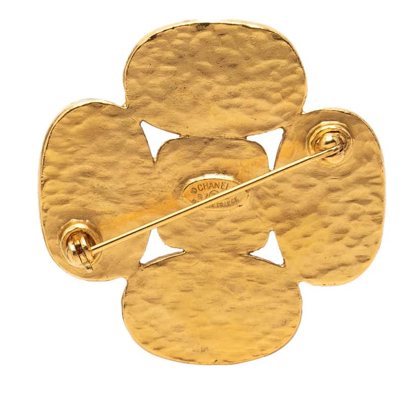 Chanel CC Gold Plated Gripoix Clover Brooch Gold Metal Very good condition - Back View