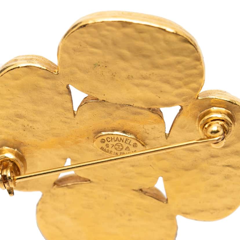 Chanel CC Gold Plated Gripoix Clover Brooch Gold Metal Very good condition - Inside View