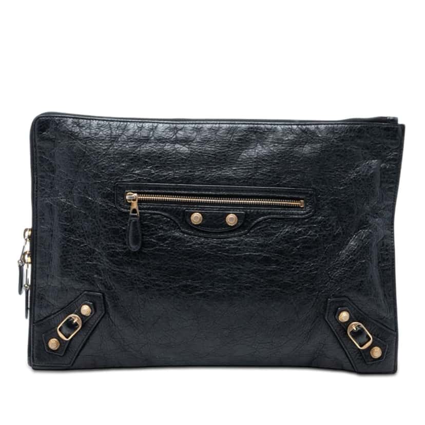 Balenciaga Lambskin Motocross Giant 12 Zip Around Flat Clutch Black Leather Very good condition - Front View