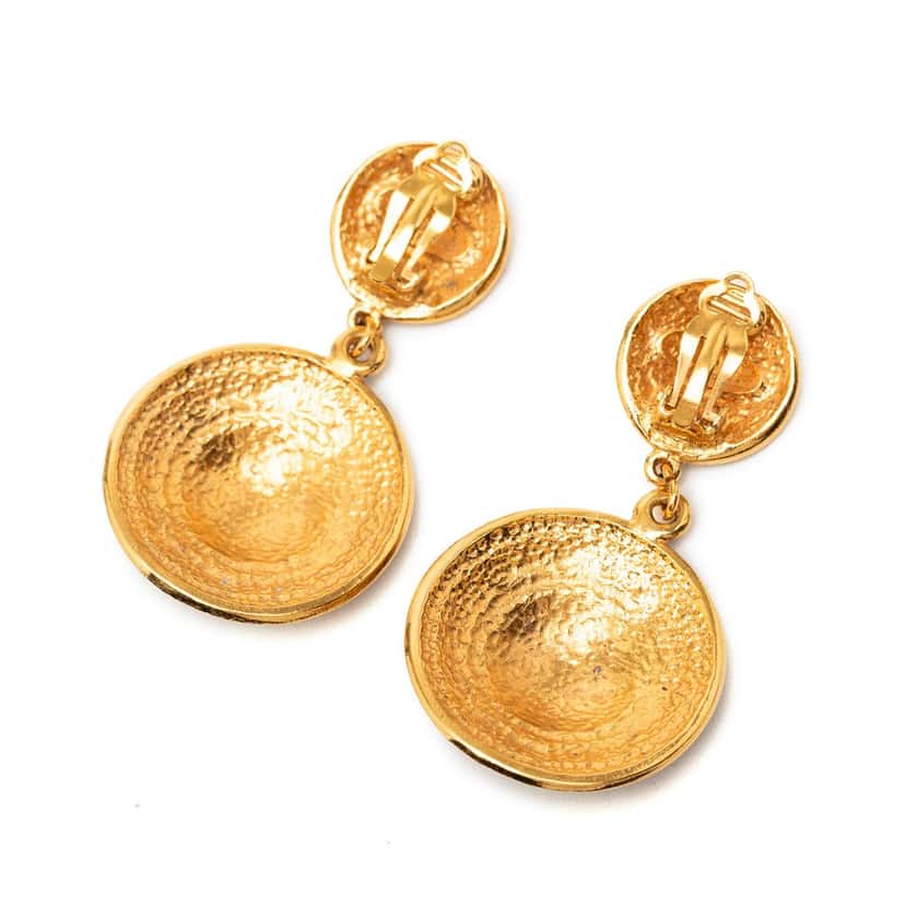 Chanel CC Gold Plated Round Dangle Clip On Earrings Gold Metal Very good condition - Back View