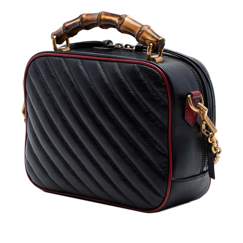 Gucci Small GG Marmont Matelasse Diagonal Leather Torchon Bamboo Satchel Black Leather Very good condition - Back View