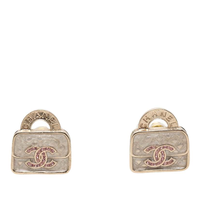 Chanel CC Brass Resin Strass Top Handle Bag Push Back Earrings Gold Metal Very good condition - Front View