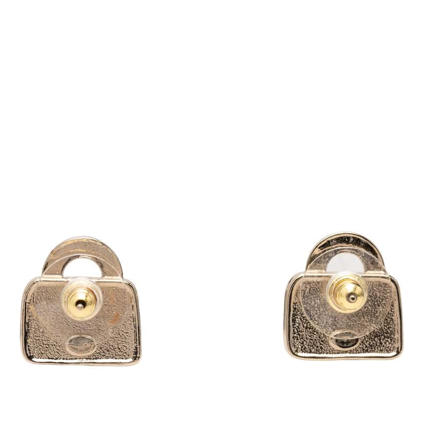 Chanel CC Brass Resin Strass Top Handle Bag Push Back Earrings Gold Metal Very good condition - Back View