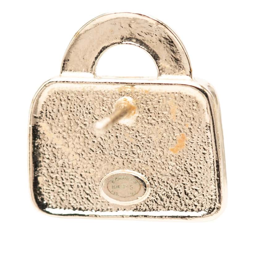 Chanel CC Brass Resin Strass Top Handle Bag Push Back Earrings Gold Metal Very good condition - Inside View