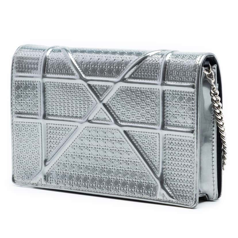 Dior Metallic Patent Microcannage Diorama Wallet on Chain Silver Leather Very good condition - Back View