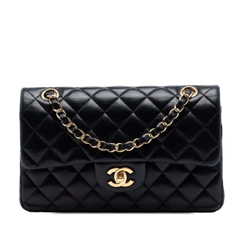 Chanel Small Classic Lambskin Double Flap Black Leather Good condition - Front View
