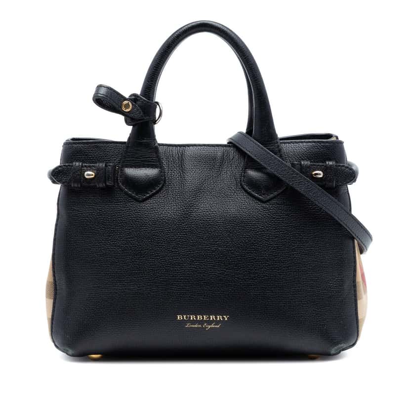 Burberry Small Derby Calfskin and House Check Banner Satchel Black Leather Very good condition - Front View