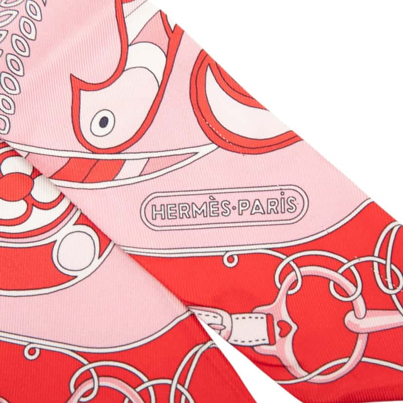 Hermès Folklore Silk Twilly Scarf Red Very good condition - Box View