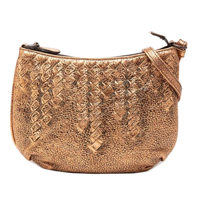 Bottega Veneta Intrecciato Trimmed Metallic Leather Crossbody Gold Leather Very good condition - Front View