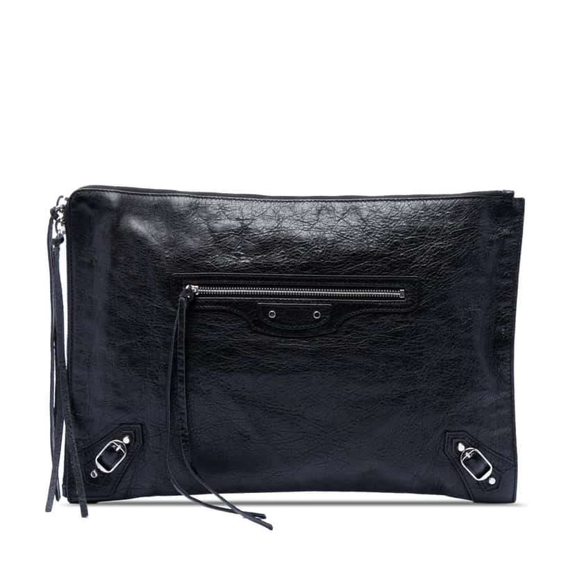 Balenciaga Lambskin Motocross Classic Zip Around Flat Clutch Black Leather Very good condition - Front View