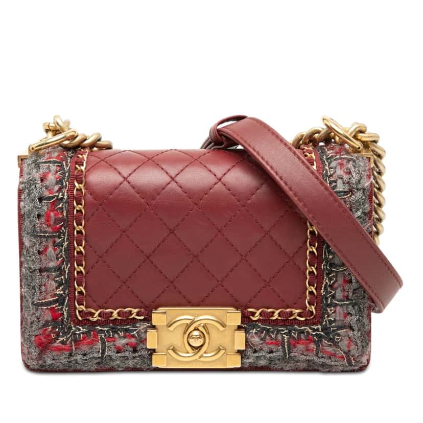 Chanel Small Quilted Lambskin and Braided Tweed Jacket Boy Flap Red Very good condition - Front View