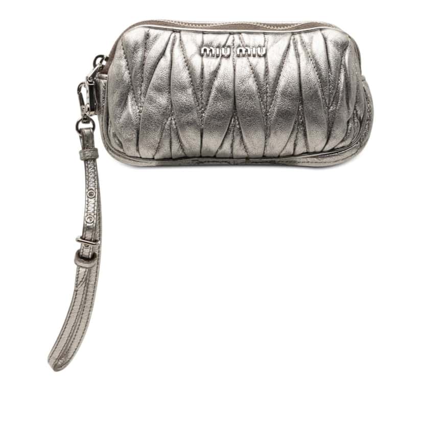 Miu Miu Matelasse Metallic Nappa Double Zip Pouch Silver Leather Very good condition - Front View