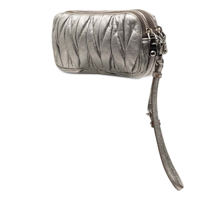 Miu Miu Matelasse Metallic Nappa Double Zip Pouch Silver Leather Very good condition - Back View