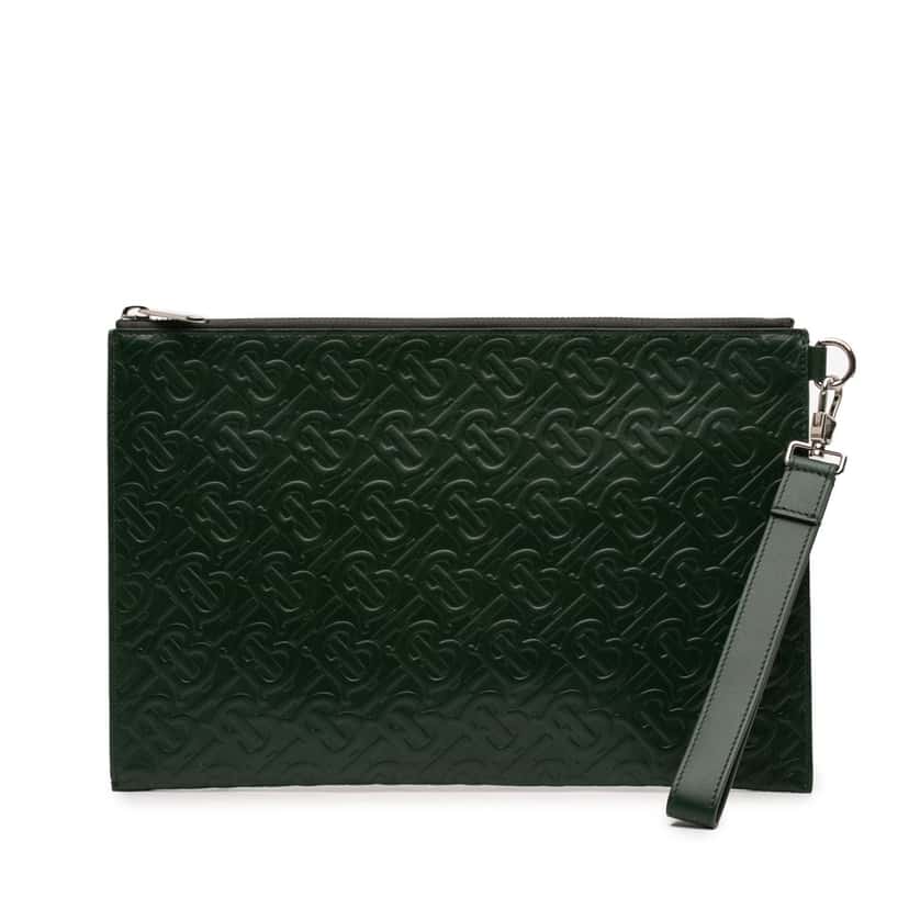 Burberry Embossed Leather TB Monogram Clutch Green Leather Very good condition - Front View