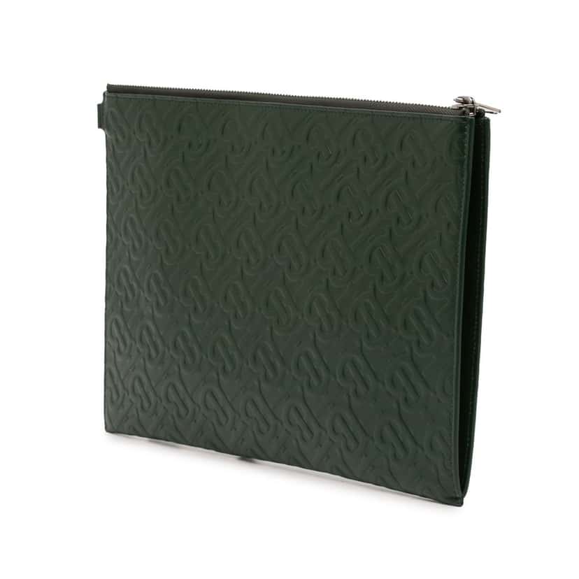 Burberry Embossed Leather TB Monogram Clutch Green Leather Very good condition - Back View
