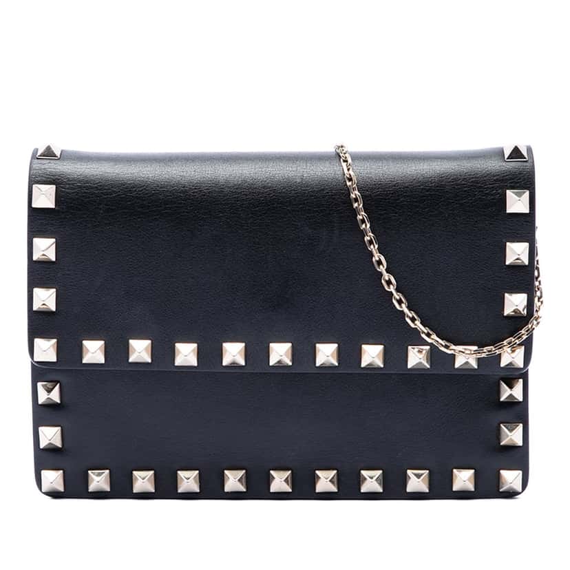 Valentino Leather Rockstud Clutch on Chain Black Leather Very good condition - Front View