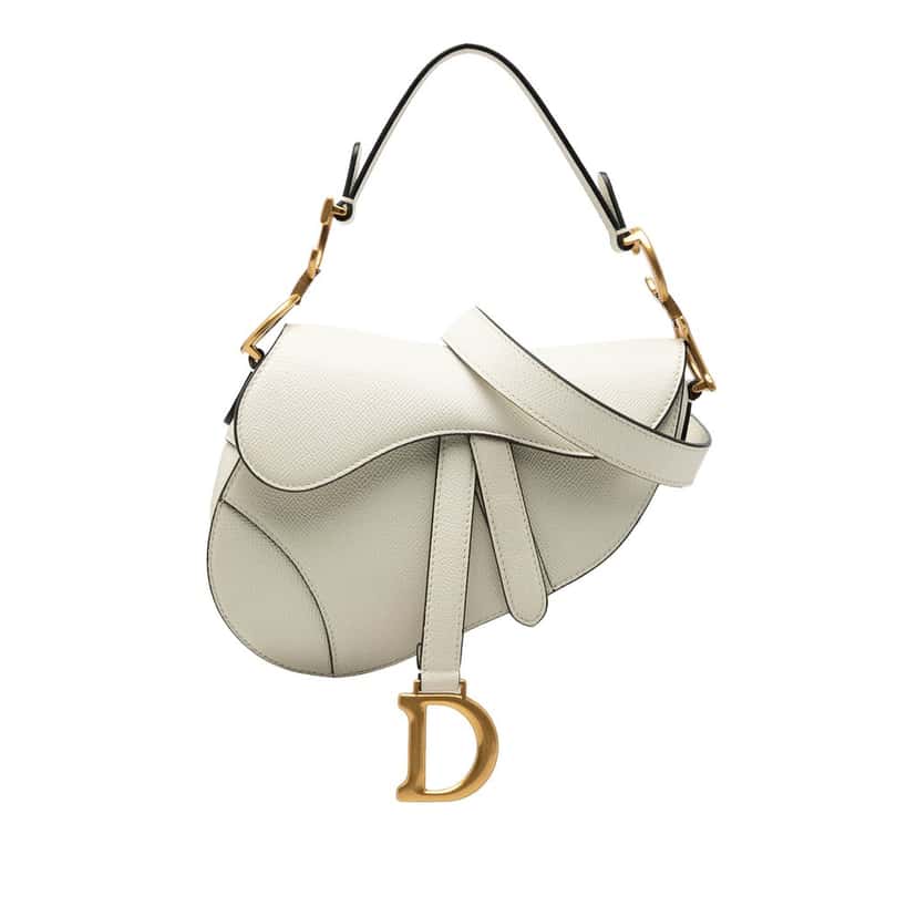 Dior Mini Grained Calfskin Saddle Bag White Leather Very good condition - Front View