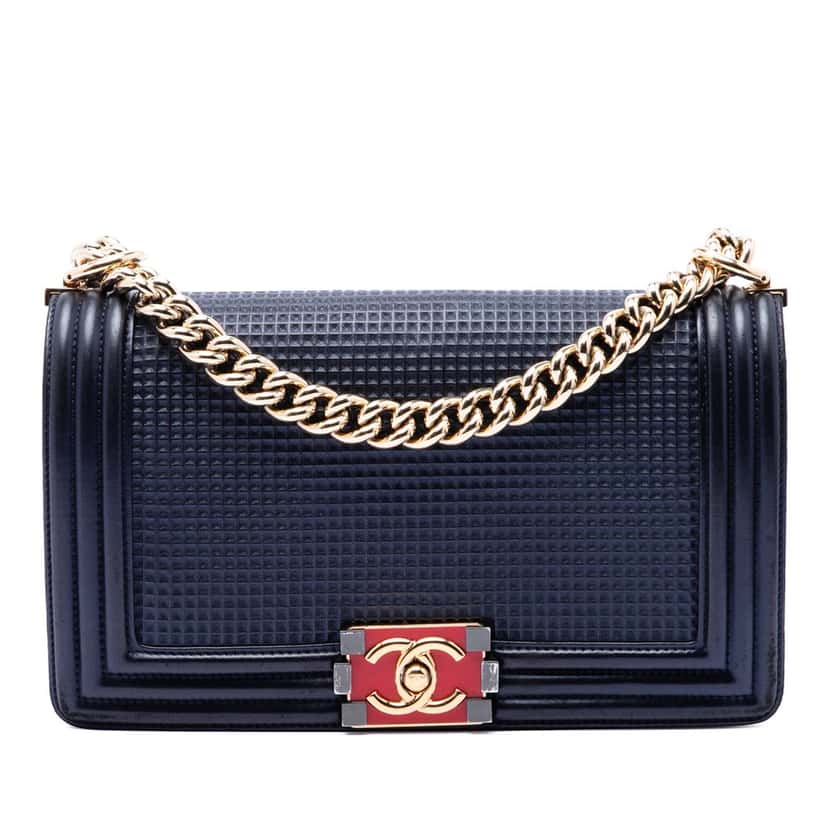 Chanel Old Medium Lambskin Embossed Cube Boy Flap Blue Leather Very good condition - Front View