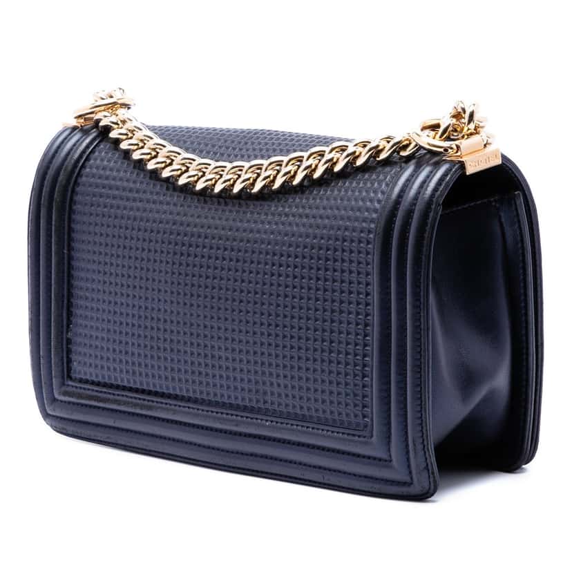 Chanel Old Medium Lambskin Embossed Cube Boy Flap Blue Leather Very good condition - Back View