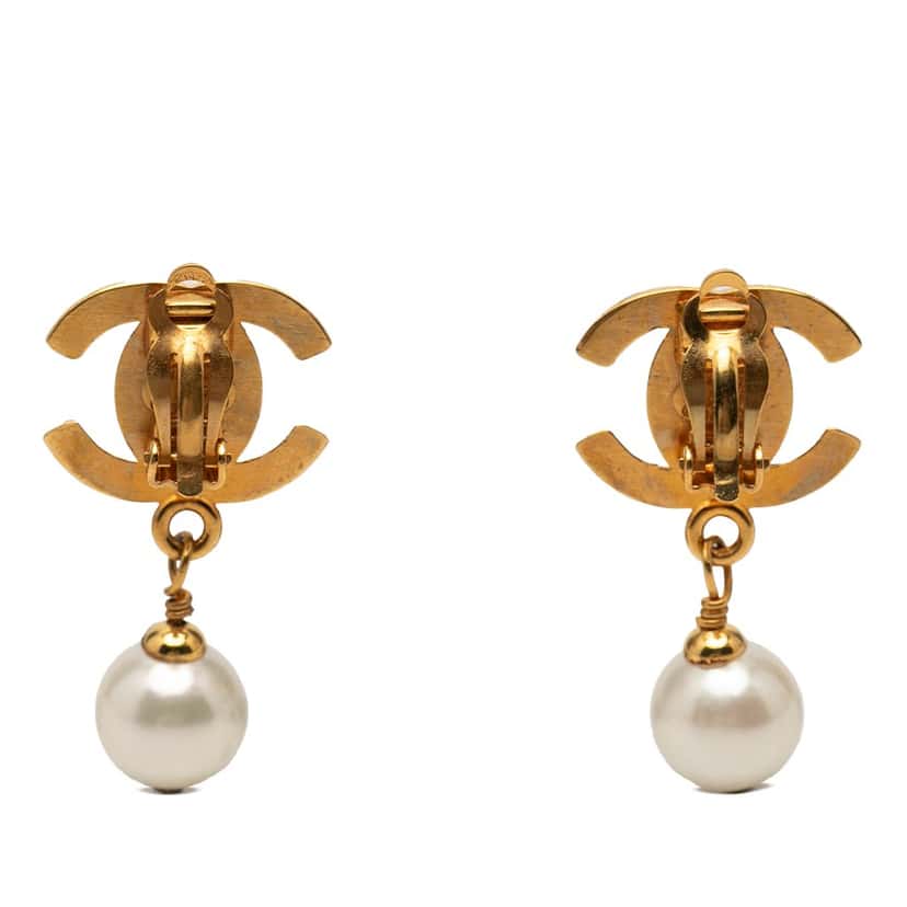 Chanel CC Gold Plated Turnlock Faux Pearl Drop Clip On Earrings Gold Metal Very good condition - Back View