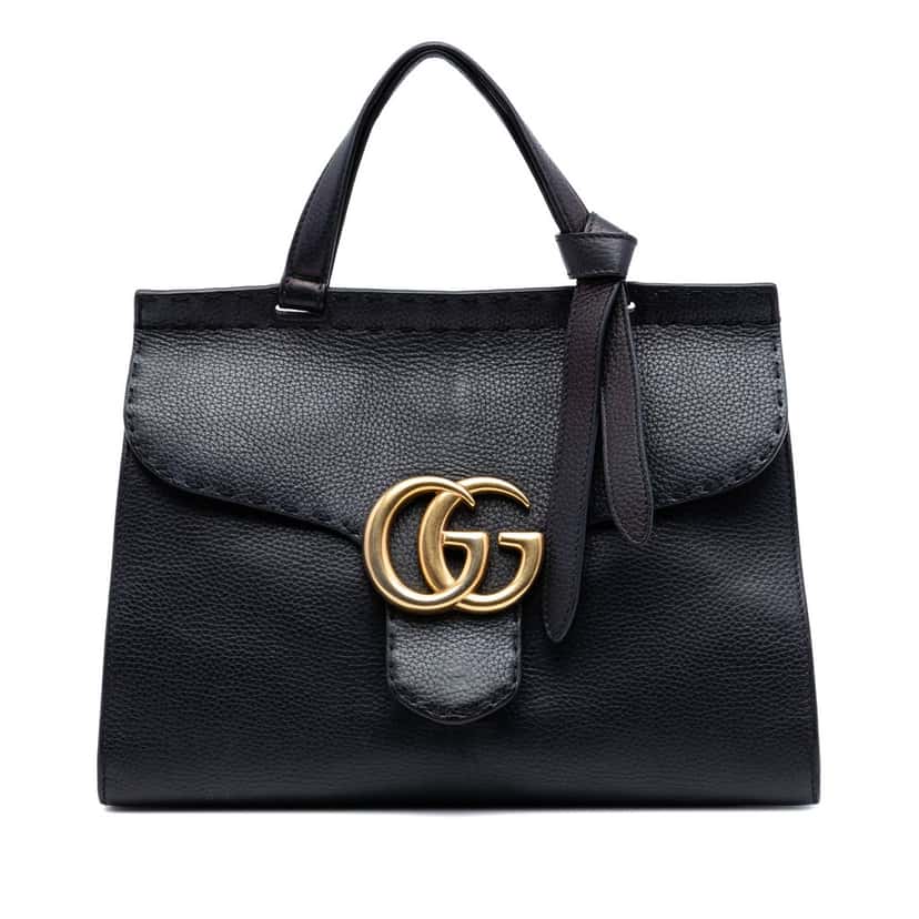 Gucci Small GG Marmont Grained Calfskin Top Handle Satchel Black Leather Very good condition - Front View