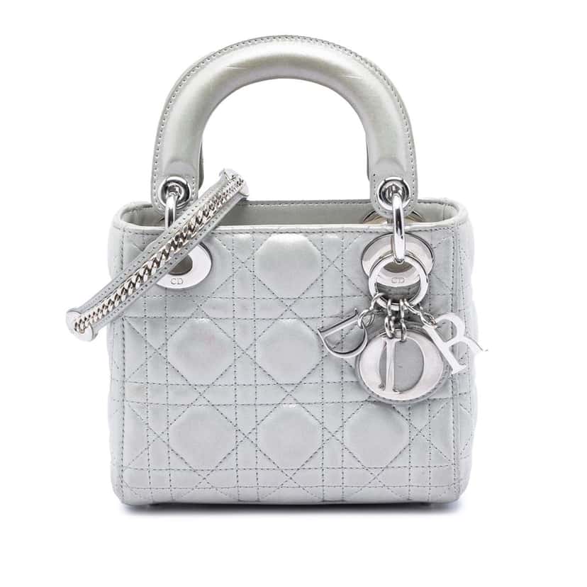 Dior Mini Iridescent Lambskin Cannage Lady Dior Silver Leather Very good condition - Front View