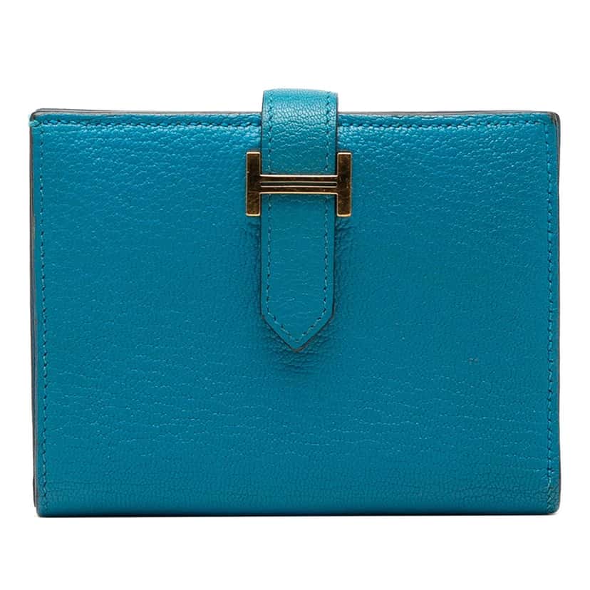 Hermès Chevre Mysore Bearn Compact Wallet Blue Leather Very good condition - Front View