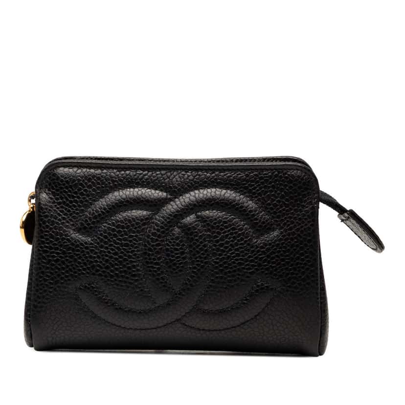 Chanel CC Caviar Cosmetic Pouch Black Leather Very good condition - Front View