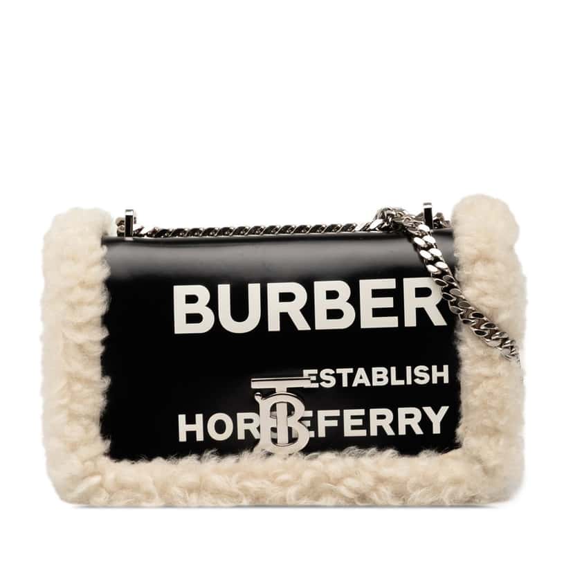 Burberry Small Shearling Trimmed Coated Canvas Lola Crossbody Black Never worn, with tag - Front View