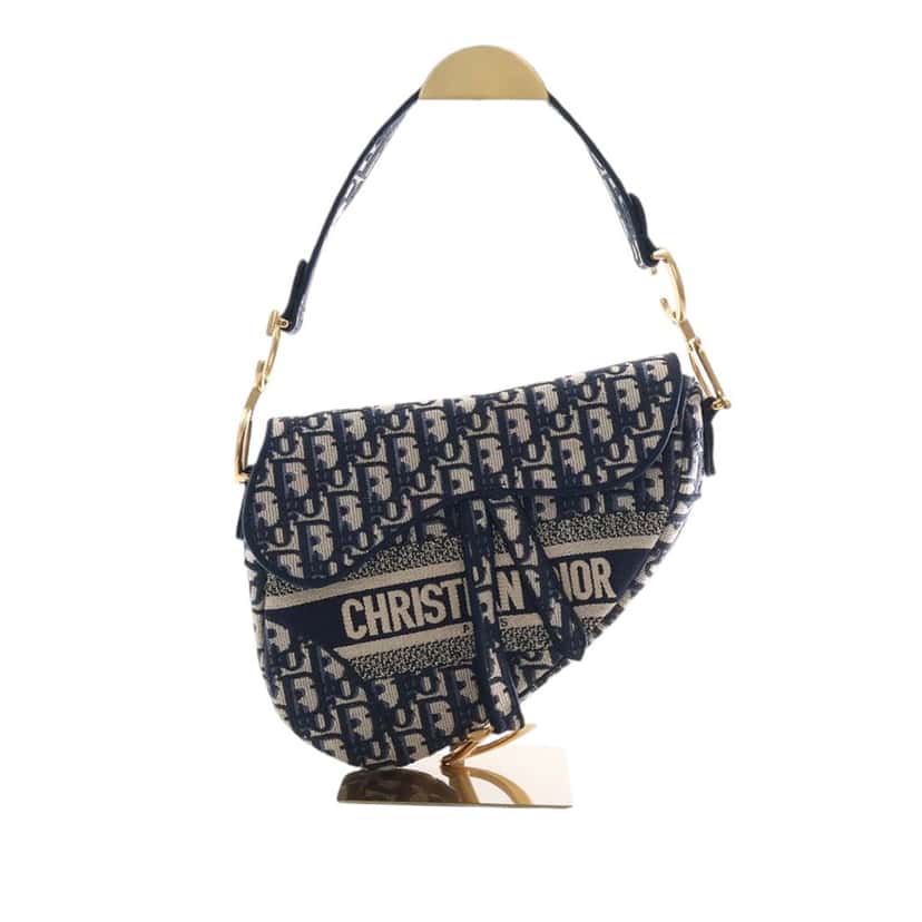 Dior Oblique Embroidered Canvas Saddle Bag Blue Very good condition - Front View